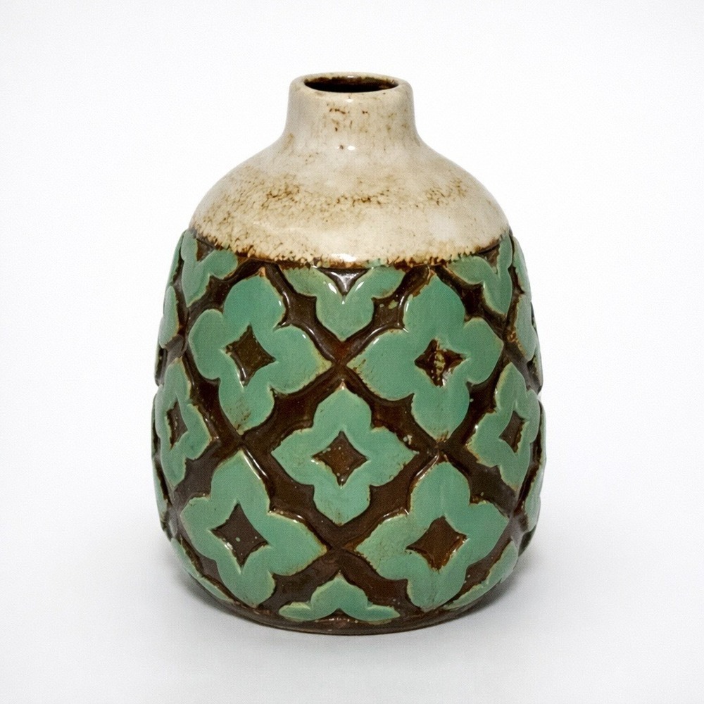 Textured Teal Brown Ceramic Bud Vase Geometric Quatrefoil Boho MCM 6.5 Inch